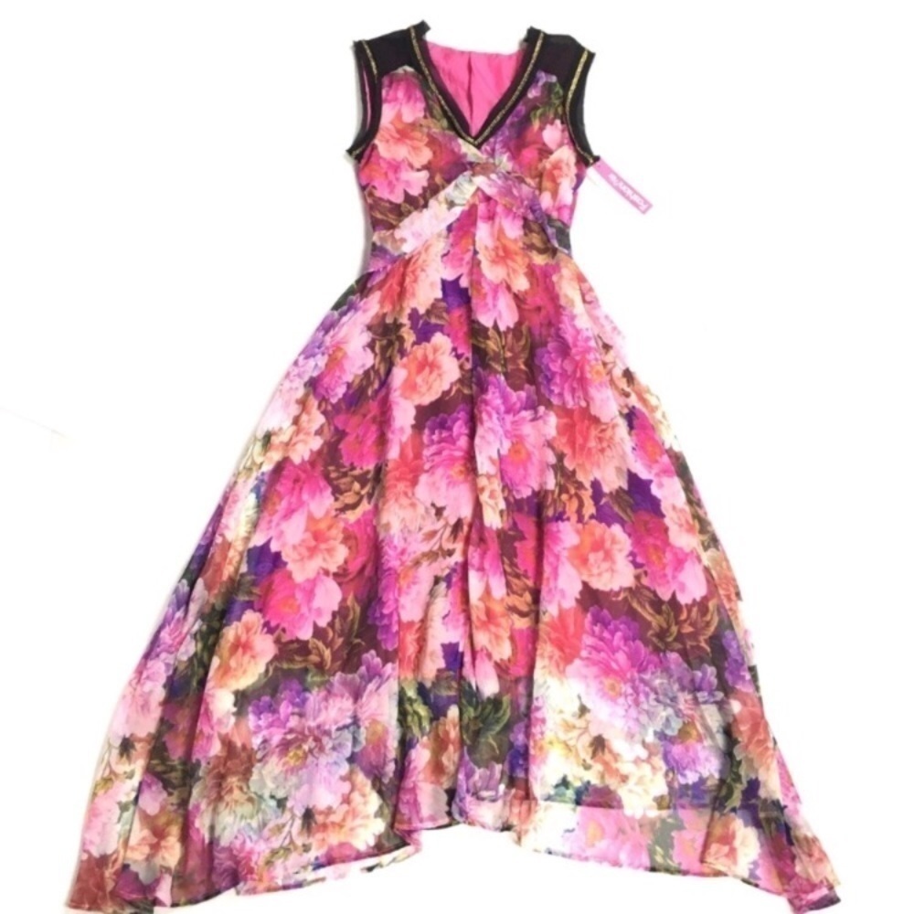 BOHO Dress Sheer Floral Flowers Sleeveless Glitter Metallic V Neck Size Small